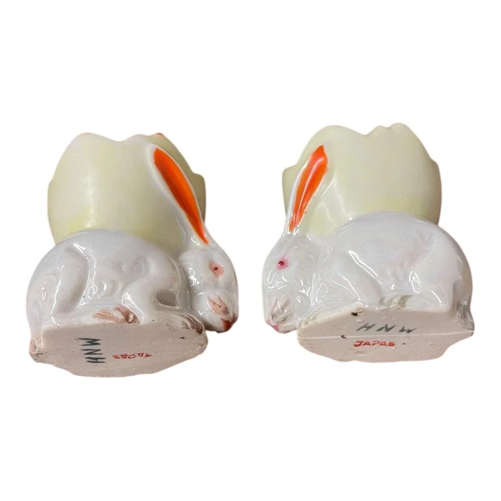 Vintage Japanese Rabbit Salt Cellars Nesting Pair‎ MCM Porcelain Bunny HNW Japan